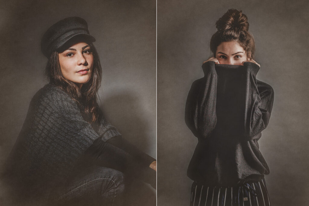 Portrait junge Frau in dunkler Kleidung. Portraitfotograf Freiburg Fotostudio