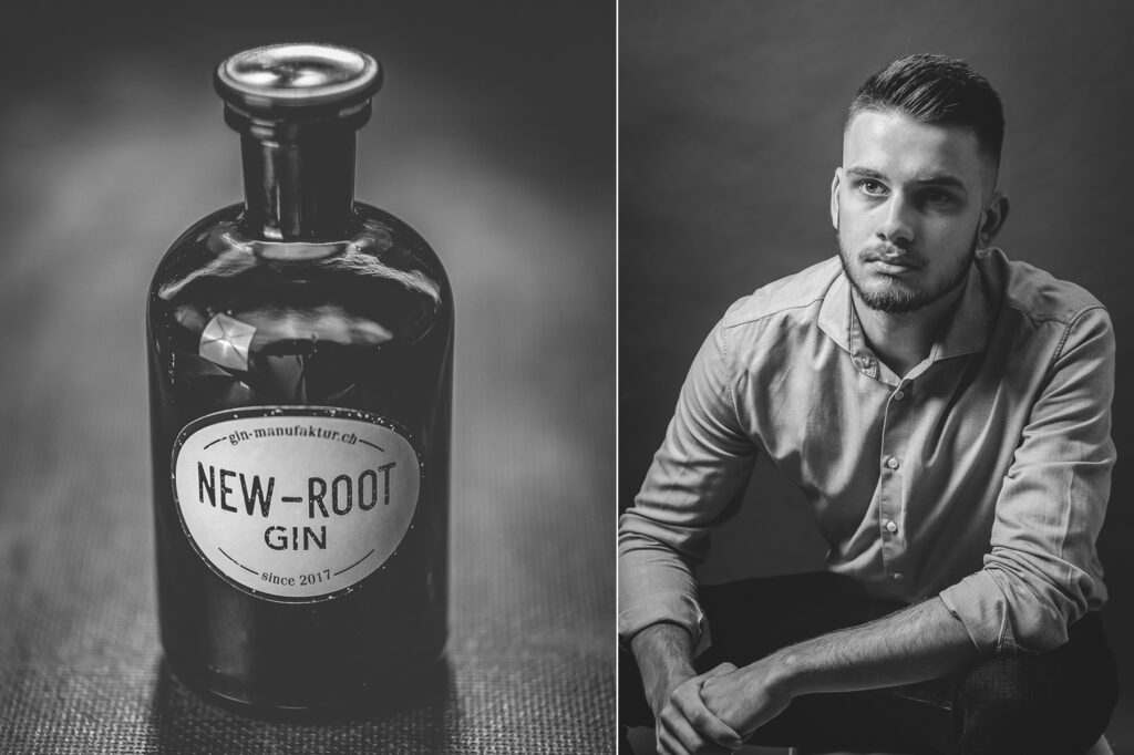 Gin Flasche und Porträt junger Mann. Portraitfotograf Freiburg Fotostudio