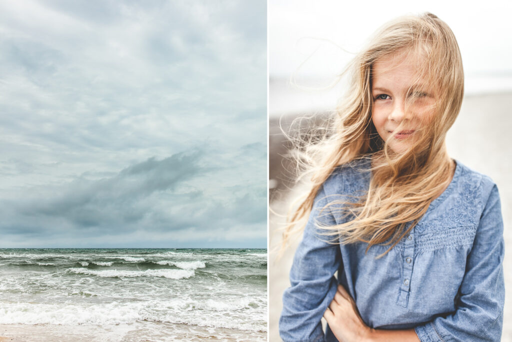 Mädchen am windigen Strand. Familienfotograf Freiburg