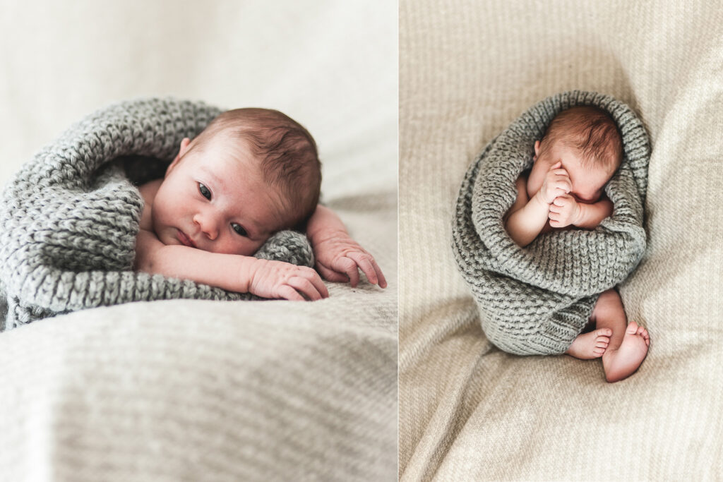 Neugeborenes Baby in Kuscheldecke. Familienfotograf Freiburg