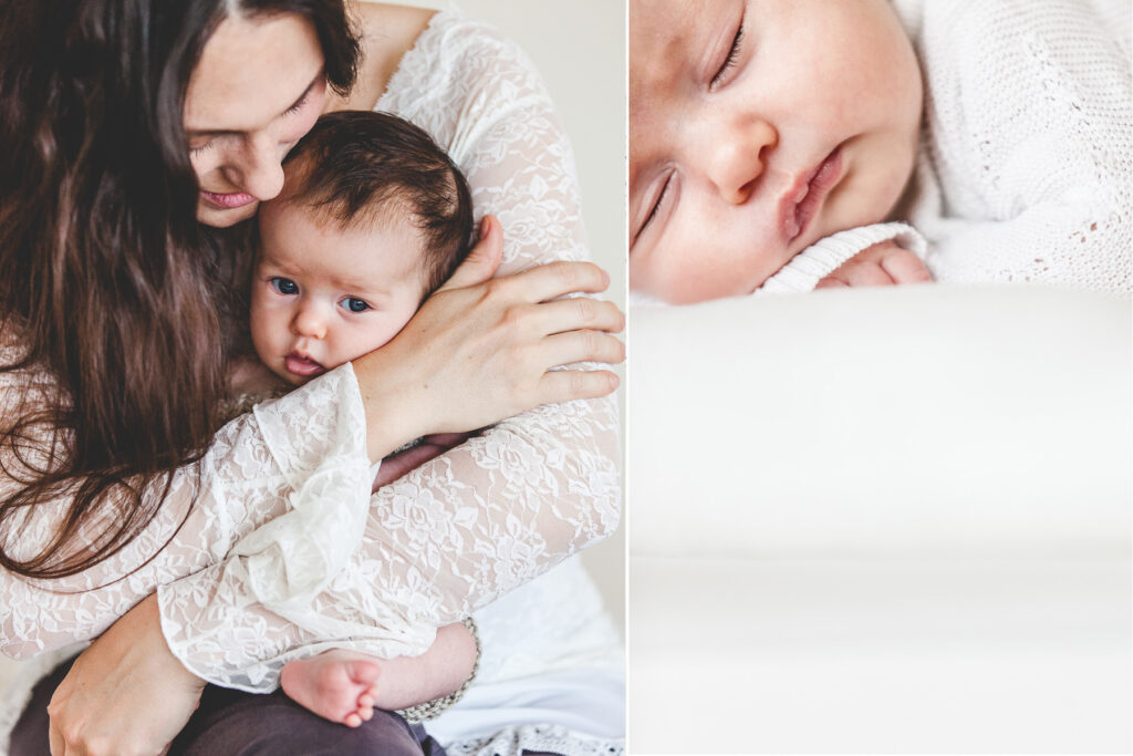 Mutter mit Neugeborenem in Weiß. Familienfotograf Freiburg