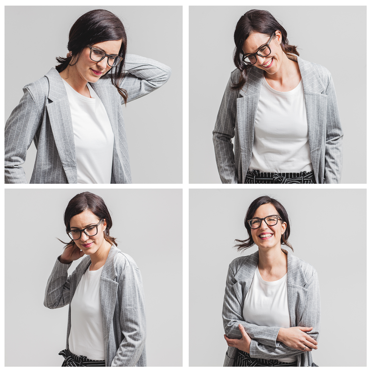 Kollage Businessportraits. 4 Fotos von junger Frau im Businessoutfit.